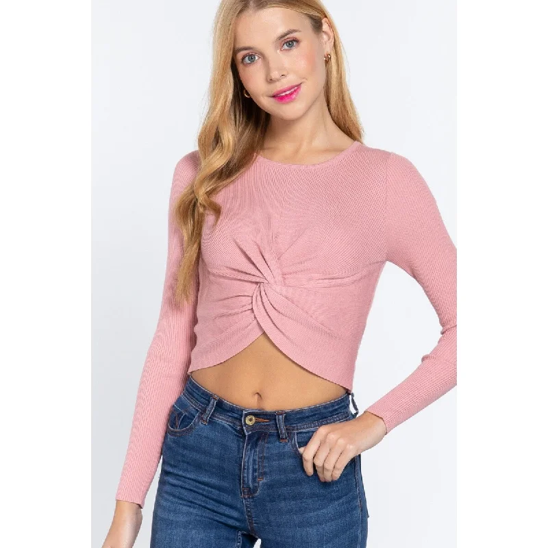 Cotton Pink Long Sleeve Crew Neck Knotted Crop Sweater Refined Women's 