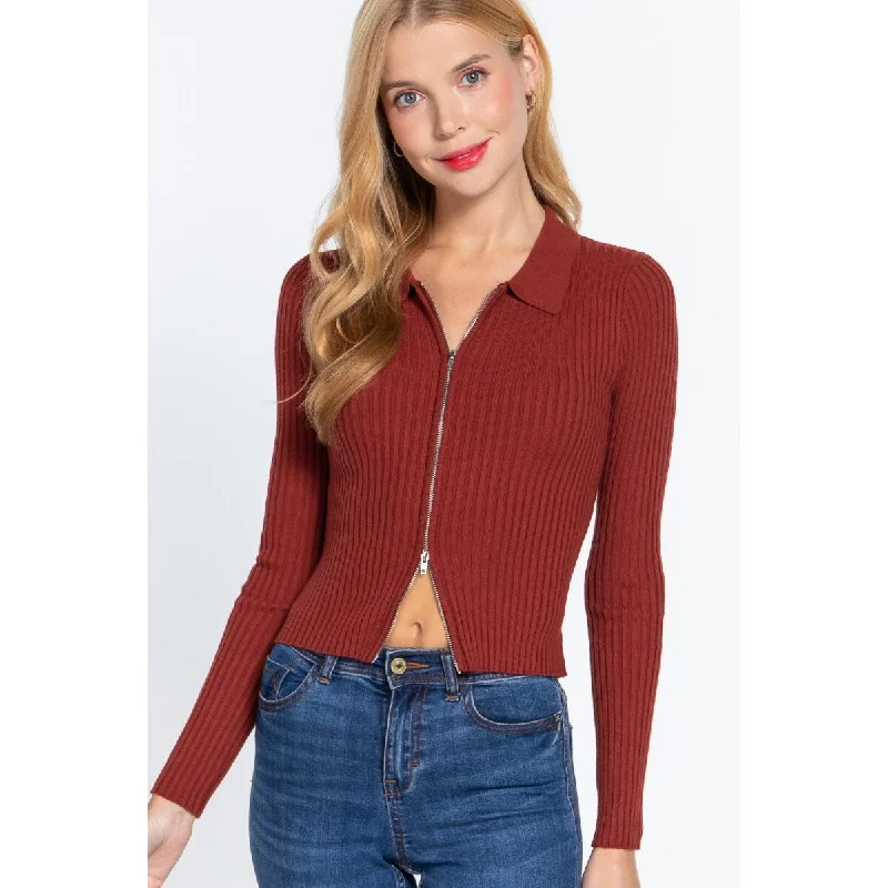 Long Sleeve Notched Collar Zippered Sweater Traditional Women's Wool